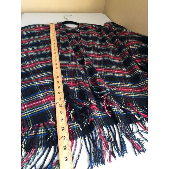 Talbots Tartan Plaid Open Front Ruana Wrap Cape Shawl Fringe M/L - Picture 10 of 13